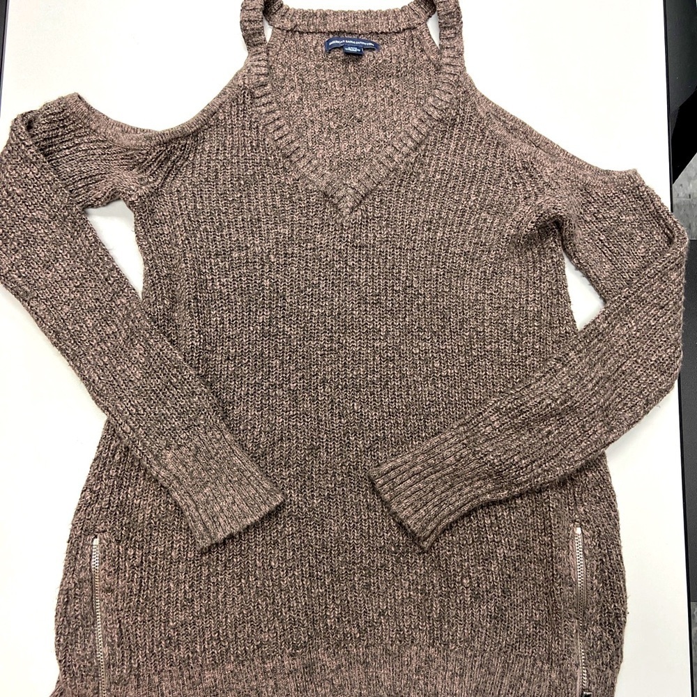 American Eagle Sweater Womens Small Dark Gray Pullover V-Neck Cold Shoulder  EUC